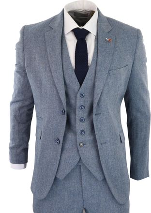 House of Cavani Wells 3 Piece Wool Suit Blue Tweed Vintage
