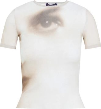 Jean Paul Gaultier Mesh Baby Printed Face Tee - Dames - T-shirts - Beige - S - Tweed - Tops