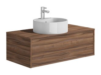 Vente-Unique Mueble de ba&ntilde;o flotante color natural oscuro con lavabo redondo - 94 cm - TEANA II