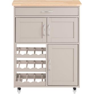 SoBuy Carrello Cucina Legno Credenza Grigio con 1 cassetto, 2 armadietti e 2 portabottiglie, Piano in Legno di Hevea, colore di cachi L67xP38xA87cm