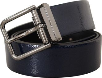 Dolce & Gabbana Mens Blue Patent Leather Vernice Silver Logo Buckle Belt