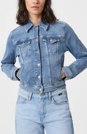 Mavi Cecilia Slim Fit Denim Trucker Jacket in Light Brushed Flex Blue at Nordstrom, Size Large