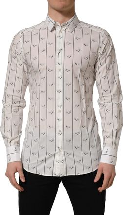 Dolce & Gabbana Mens White Bee Print Cotton Gold Fit Dress Shirt