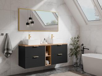 Vente-Unique Mobile sotto lavabo sospeso con scanalature con nicchie L140 cm Nero e naturale chiaro - ZEVARA