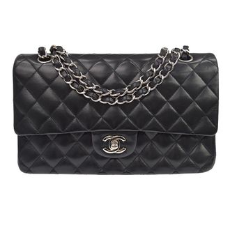 Chanel Classic Timeless Double Flap Quilted Lambskin Black Leather Handbag (Pre-Owned)