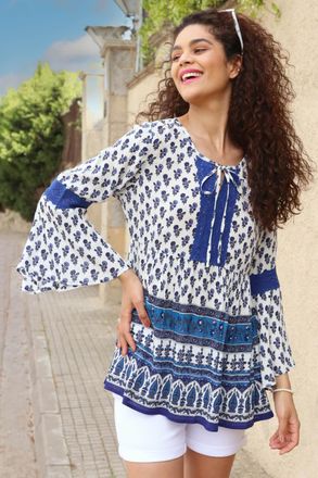 Roman Floral Border Print Boho Tie Top