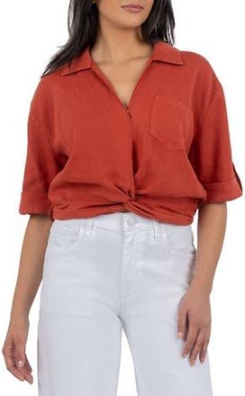 Kut from the Kloth Rebel Knot Front Linen Blend Top in Burnt Orange at Nordstrom Rack, Size Large