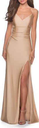 La Femme Long Homecoming Dress with Slit and Criss Cross Back in Nude at Nordstrom, Size 10