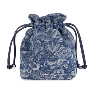 Ganni Bucket Bags, female, Blue, Size: ONE SIZE Denim Pouch with Floral Motif