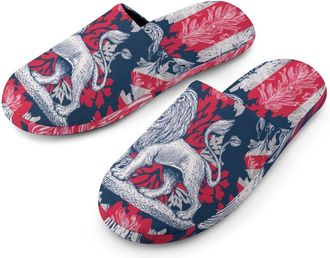Generic British Flag with Lion Flannel Mens Slip-on Slippers Winter Warm House Shoes with Rubber Sole for Home Hotel