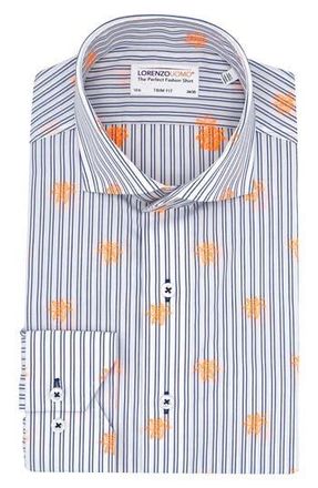 Lorenzo Uomo Trim Fit Stripe Neon Embroidery Dress Shirt in White/Blue at Nordstrom Rack, Size 15 - 34
