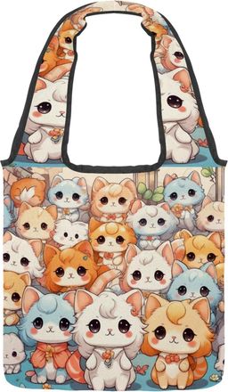 Generic Cute Cartoon Kitten Reversible Canvas Shoulder Tote - Double-Sided Print, 12oz Cotton, 27cm Drop, Fold-Flat Bag for Travel, Shopping, Street Outings