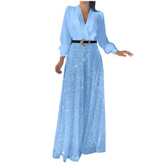 Generic 2025 Womens Jumpsuit Glitter Elegant Long Sleeve V-Neck Long Jumpsuit Sequin Splicing Wide Leg Jumpsuit Belted High Waisted Wide Leg Trouser Suit Even