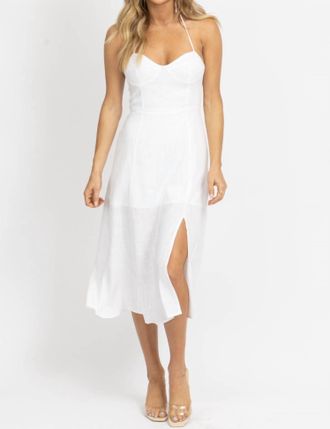 Crescent Bustier Halter Linen Midi Dress In Ivory