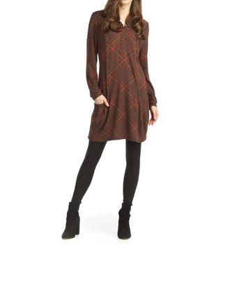 Papillon Plaid Knit Henley Dress With Pockets In Brown