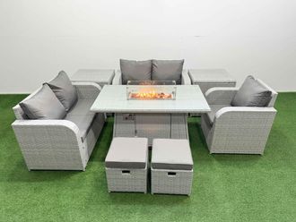Fimous High Back Poly Rattan Garden Furniture Set w/ Reclining Chair Loveseat Sofa Firepit Dining Table Indoor Outdoor Patio Set 2 Stool 2 Side Table