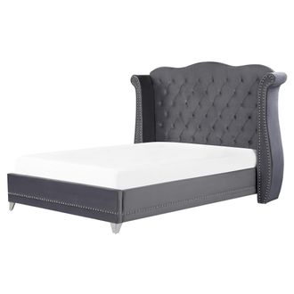Beliani Beliani - Cama Con Somier De Terciopelo Gris 160 X 200 Cm Listones Cabecero Capiton&eacute; Ayette