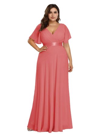Ever-pretty Womens Long Chiffon A Line Floor Length V Neck Prom Dress Coral UK 18