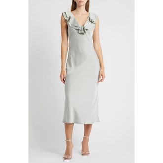 Wayf Lida Ruffle Cap Sleeve Satin Midi Dress in Pale Sage at Nordstrom Rack, Size X-Small
