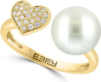 Effy 14K Yellow Gold Pav&eacute; Diamond Heart and Fresh Water Pearl Ring in 14K Gold at Nordstrom, Size 7