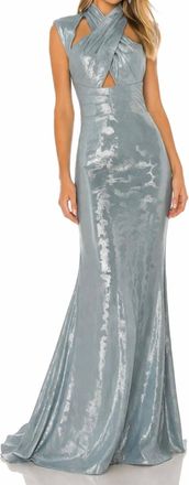 Dress The Population Sculpted Neck Gown In Metallic Silver Blue