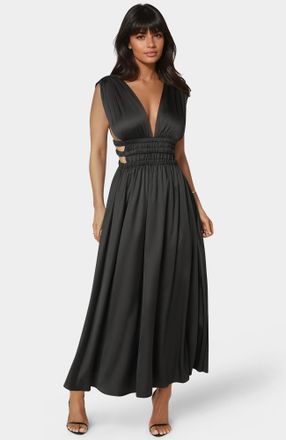 Bebe Womens Satin V-neck Cutout Maxi Dress
