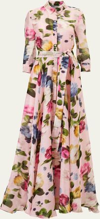 Carolina Herrera Floral Silk-Linen Belted Trench Gown