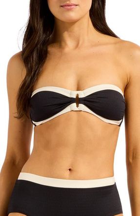 Seafolly Contrast Binding Bandeau Bikini Top in Black at Nordstrom, Size 14 Us