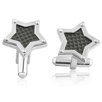 Pompeii3 Mens Stainless Steel And Black Carbon Fiber Star Polished Cufflink 18.5mm