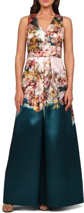 Kay Unger Mariah Floral Print Mikado Gown in Teal/pink at Nordstrom, Size 12