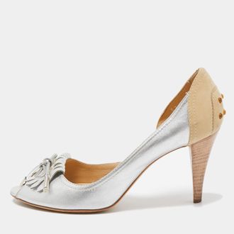 Tod's Tods Silver/beige Leather And Suede Peep Toe Dosary Pumps
