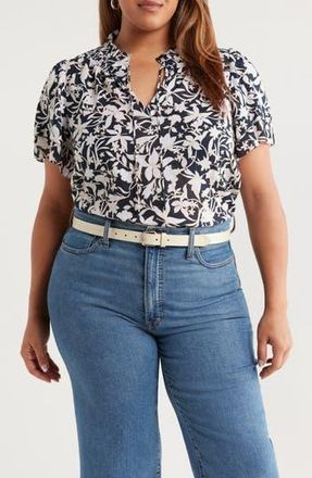 Caslon Floral Flounce Sleeve Top in Navy- White Morgan Floral at Nordstrom Rack, Size 4X