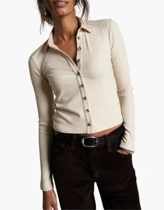 perfectwhitetee Amee Luxe Rib Long Sleeve Polo In Sugar