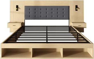 Urban Meuble Cama king size de roble claro con luces led y usb-c 180x200 cm
