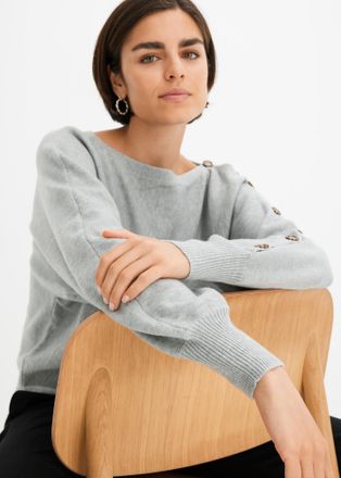 Bonprix Strickpullover BONPRIX Pullover, Damen, Gr. 48/50 (XL), grau (hellgrau meliert), Obermaterial: 88% Polyester, 12% Polyamid, bequem, Pullover Strickpul