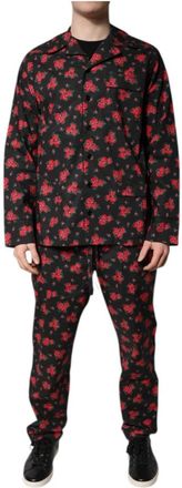 Dolce & Gabbana Zwarte katoenen pyjamaset met bloemenprint - Heren - Pyjama - Veelkleurig - L - Katoen - Nachtkleding