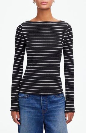 Madewell Stripe Boatneck Long Sleeve Rib Top in Jet Black at Nordstrom Rack, Size Xx-Small