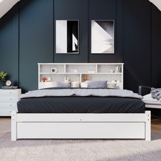 Matteo Bed with Shelves, White Wooden Storage Bed | Size: Double