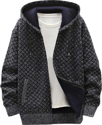 Generic Knitted Hoodie Men Mens Knitted Cardigans Full Front Zip Closure Zipper Cardigan Open Front Long Sleeve Tops Blouse with Pocket Autumn Winter Thick Sw