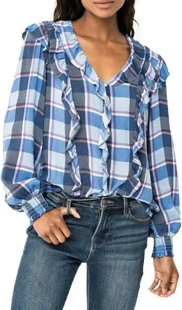 Gibsonlook Plaid Ruffle Shirt in Blue Plaid at Nordstrom Rack, Size Xx-Small