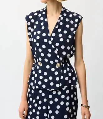 Joseph Ribkoff Sleeveless Polka Dot V-Neck Top In Midnight Blue/vanilla