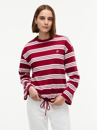Tommy Hilfiger Womens Relaxed Fit Striped Drawcord T-Shirt - Stripe Raspberry - XL