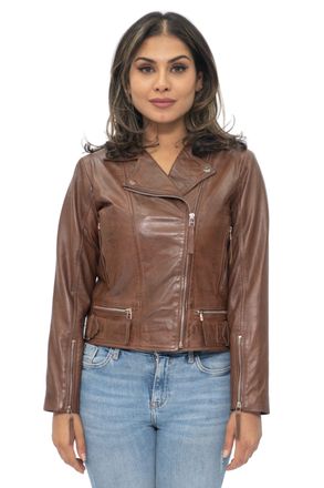 Infinity Leather Womens Biker Jacket-Stockholm - Brown Nappa Leather - Size 16 UK