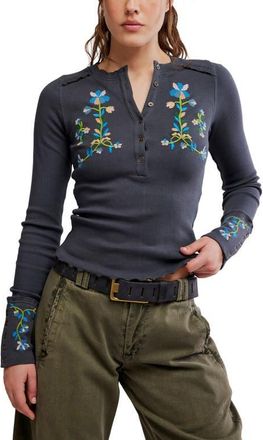 Free People Fleur Embroidered Henley Top in Graphite Combo at Nordstrom, Size X-Large