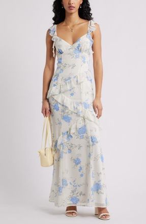 BP. Asymmetric Ruffle Tiered Maxi Dress in Ivory- Blue Bethany Floral at Nordstrom, Size Xx-Small