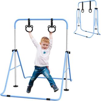HOMCOM Homcom - Barra De Gimnasia Para Ni&ntilde;os Con Altura Ajustable En 5 Niveles Y Anillos, Barra De Entrenamiento De Gimnasia Plegable En Casa, Azul