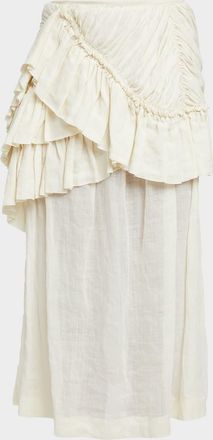 Dries Van Noten Shelby Draped Ruffle Ramie Midi Skirt