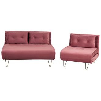 Beliani Conjunto De Sala De Estar 3 Plazas De Terciopelo Rosa Dorado Cojines Vestfold