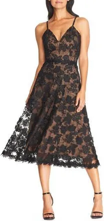 Dress The Population Tahani Floral Embroidered Fit & Flare Midi Dress in Black-Nude at Nordstrom Rack, Size Small