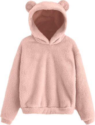Generic Winter Warm LovelyFuzzy TeddyBear Hoodie Oversize Long Sleeve Teddy Fleece Hooded JumpersWinter Warm Comfy Pullover Soft Casual Loose PlainTops (XL) P